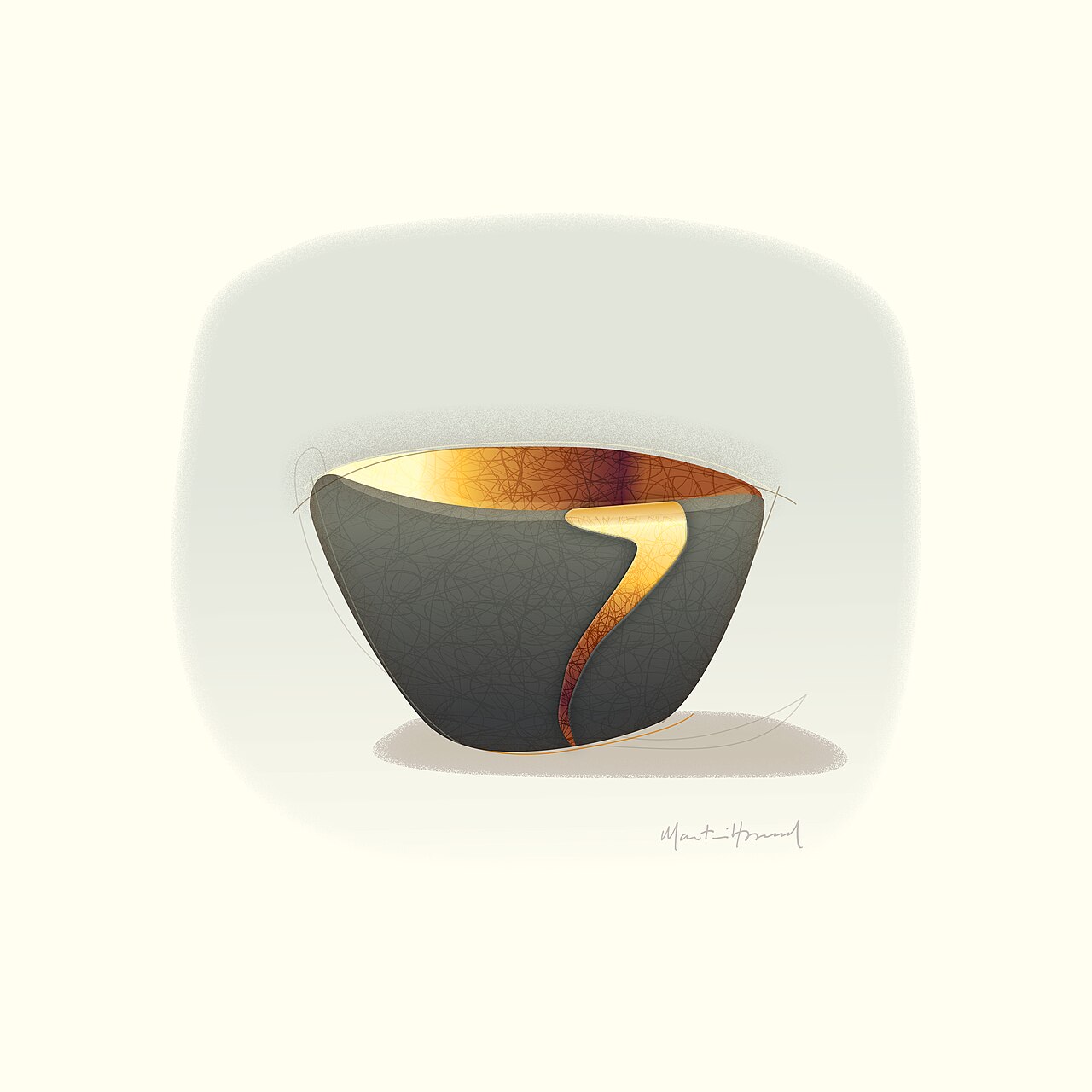 Artisan pratiquant le kintsugi, appliquant la laque dorée sur les fissures d'un vase en céramique