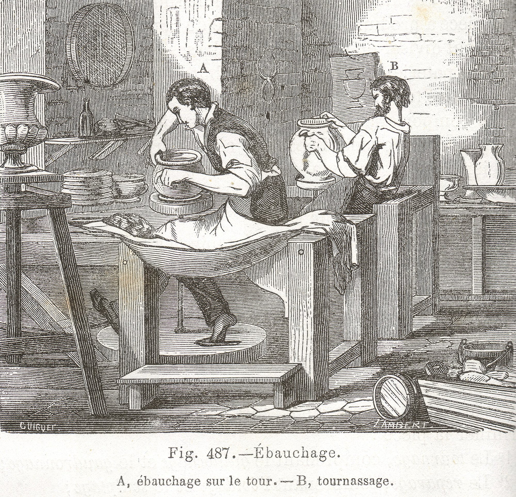 Potier centrant une pièce à l'envers sur le tour pour le tournassage